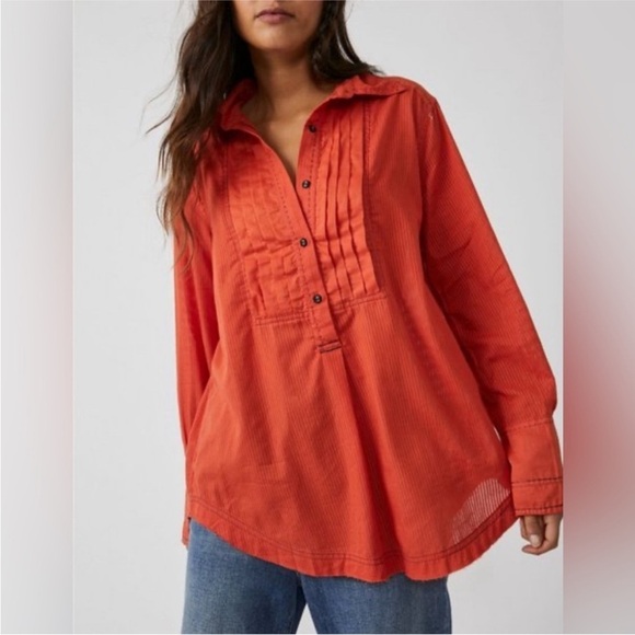 NWT Free People Black Tie Tux Shirt / Tiger Red - Picture 3 of 15